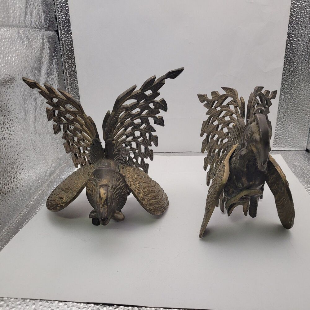 Vintage Brass Fighting Rooster Figurines - Pair